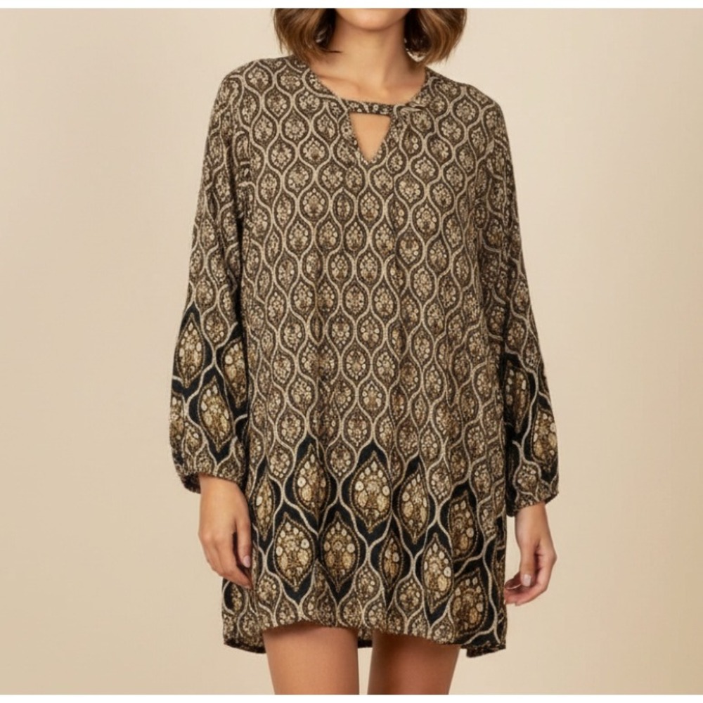 JODIFL Brown/Black TWILL Keyhole Neckline PLEATED Boho TUNIC TOP/DRESS Sz L